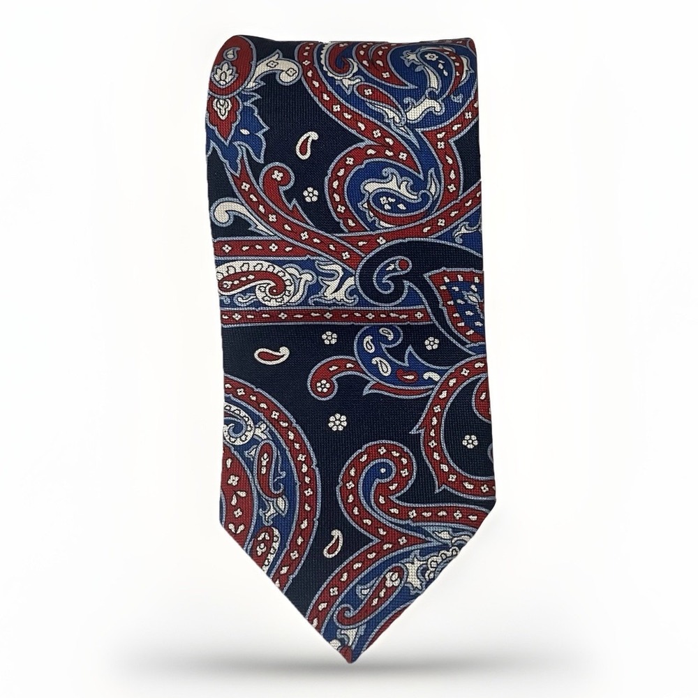 Paul Fredrick Tie Navy Blue Red Paisley 100% Silk Made in Italy Office Classic